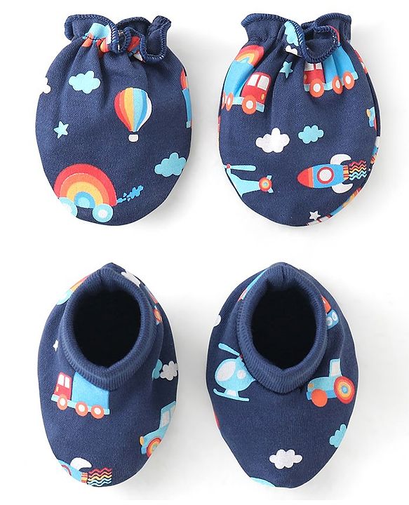 Babyhug 100% Cotton Knit Mittens & Booties Set Hot Air Balloon Print - Navy Blue