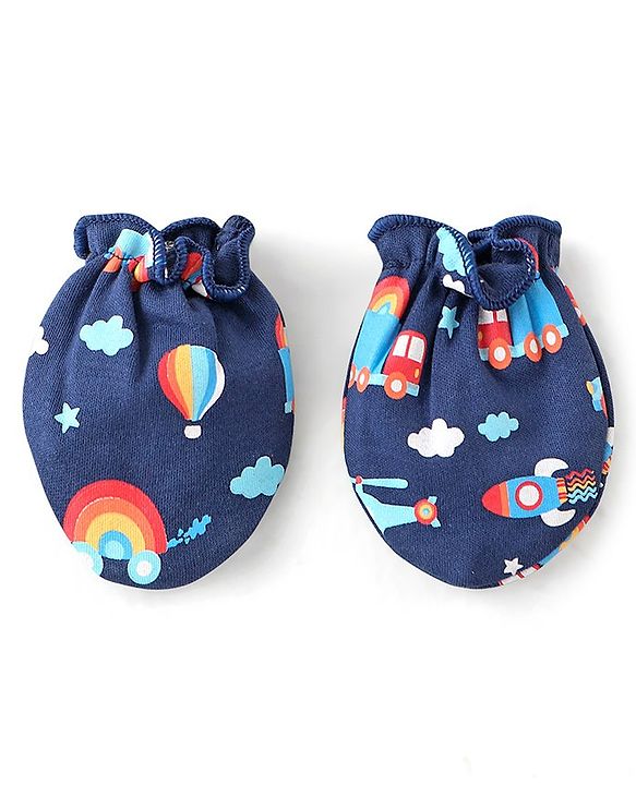 Babyhug 100% Cotton Knit Mittens & Booties Set Hot Air Balloon Print - Navy Blue