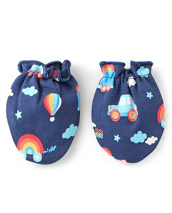 Babyhug 100% Cotton Knit Mittens & Booties Set Hot Air Balloon Print - Navy Blue