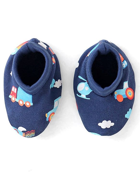 Babyhug 100% Cotton Knit Mittens & Booties Set Hot Air Balloon Print - Navy Blue