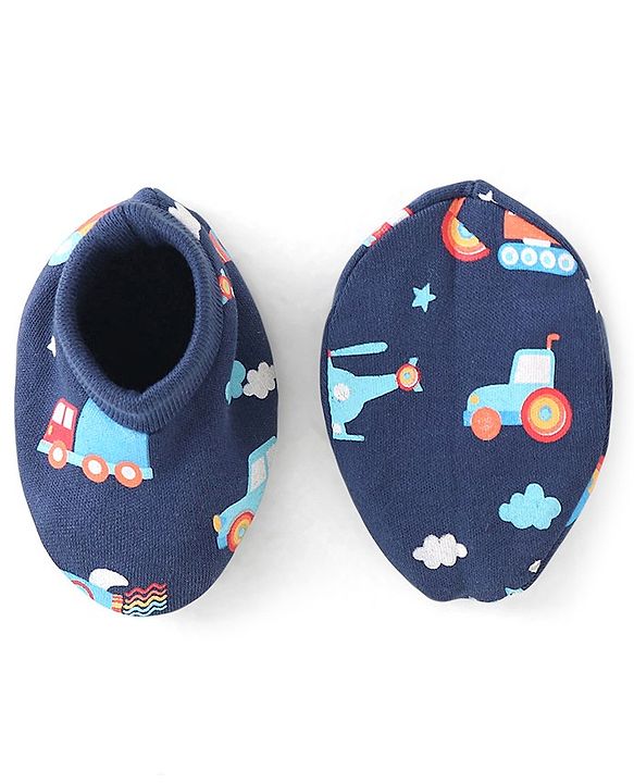 Babyhug 100% Cotton Knit Mittens & Booties Set Hot Air Balloon Print - Navy Blue