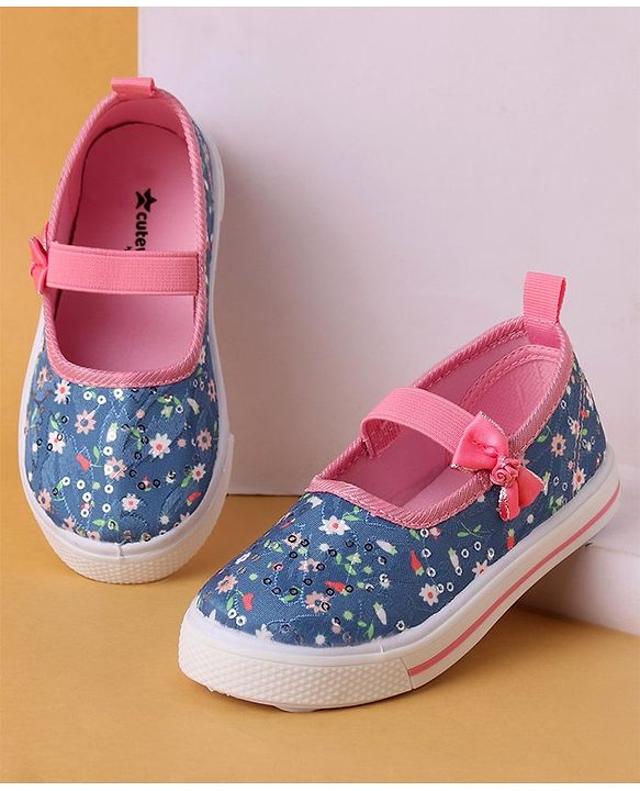 Cute Walk by Babyhug Slip On Casual Shoes With Bow Applique & Floral Print- Blue (Sole Line May Very)