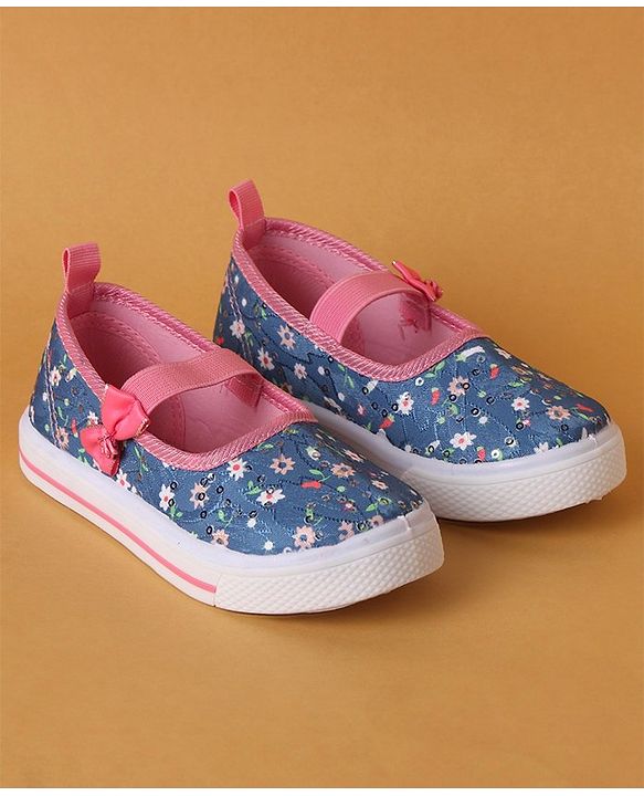 Cute Walk by Babyhug Slip On Casual Shoes With Bow Applique & Floral Print- Blue (Sole Line May Very)