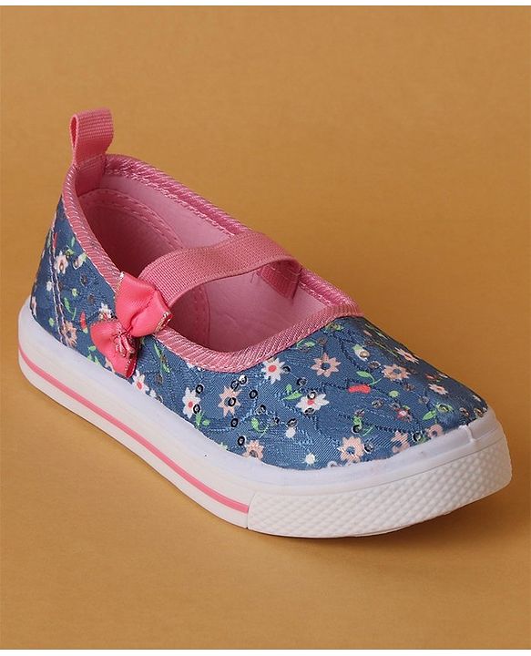 Cute Walk by Babyhug Slip On Casual Shoes With Bow Applique & Floral Print- Blue (Sole Line May Very)