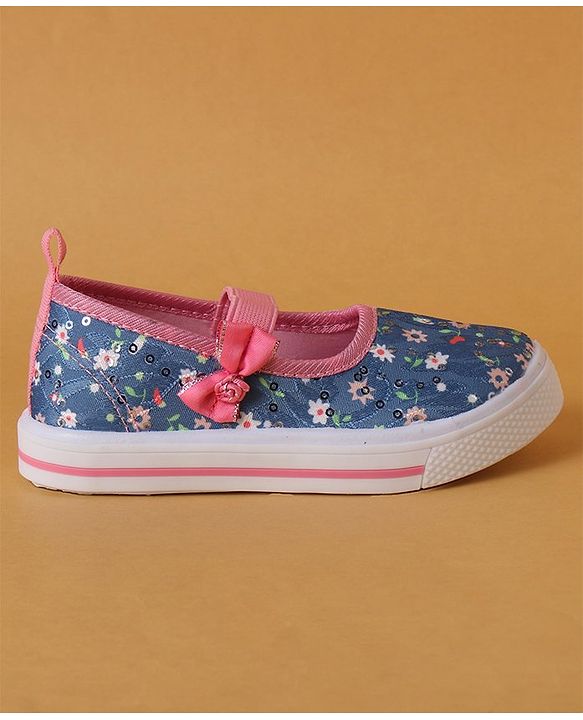 Cute Walk by Babyhug Slip On Casual Shoes With Bow Applique & Floral Print- Blue (Sole Line May Very)