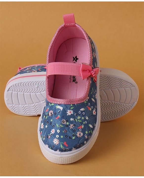 Cute Walk by Babyhug Slip On Casual Shoes With Bow Applique & Floral Print- Blue (Sole Line May Very)