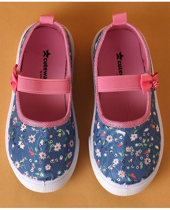 Cute Walk by Babyhug Slip On Casual Shoes With Bow Applique & Floral Print- Blue (Sole Line May Very)