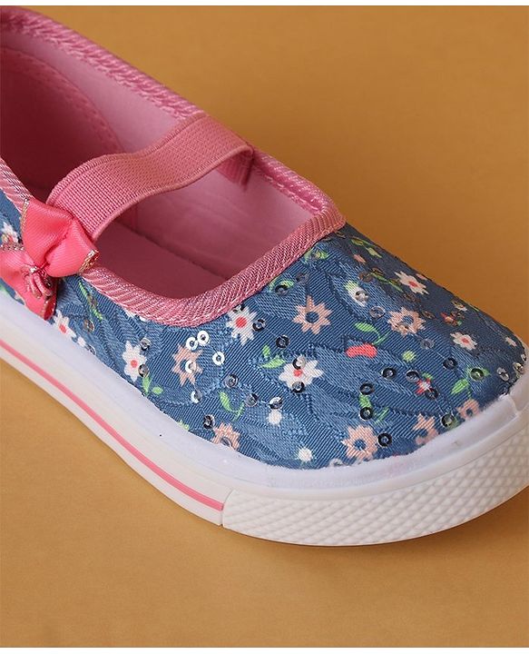 Cute Walk by Babyhug Slip On Casual Shoes With Bow Applique & Floral Print- Blue (Sole Line May Very)