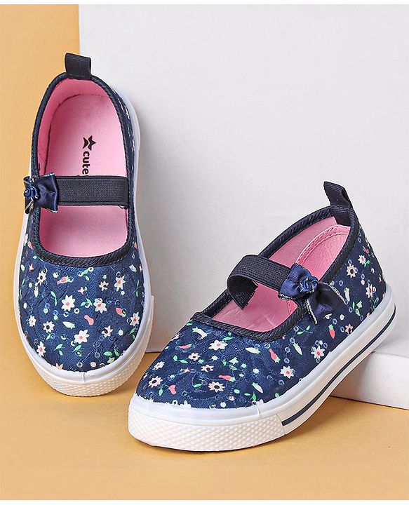 Cute Walk by Babyhug Slip On Casual Shoes With Bow Applique & Floral Print- Navy Blue (Sole Line May Very)