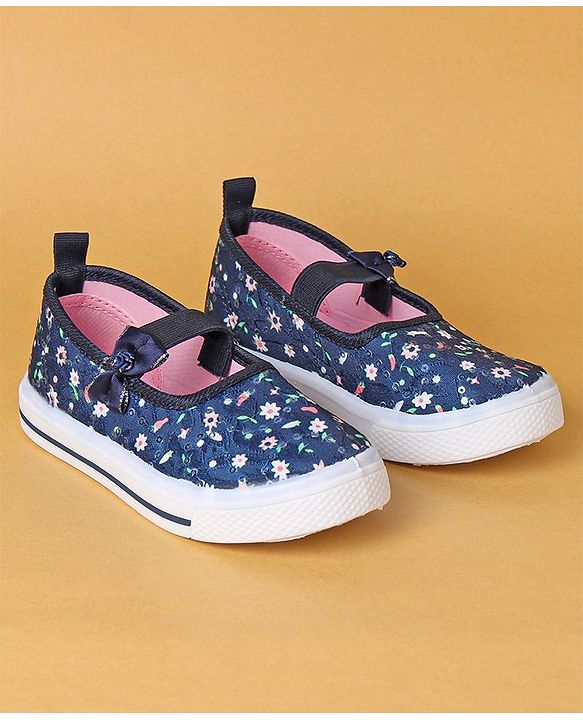 Cute Walk by Babyhug Slip On Casual Shoes With Bow Applique & Floral Print- Navy Blue (Sole Line May Very)