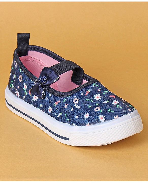 Cute Walk by Babyhug Slip On Casual Shoes With Bow Applique & Floral Print- Navy Blue (Sole Line May Very)