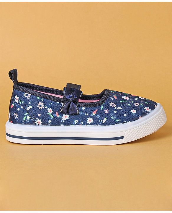Cute Walk by Babyhug Slip On Casual Shoes With Bow Applique & Floral Print- Navy Blue (Sole Line May Very)