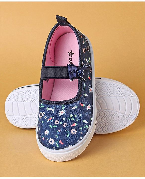 Cute Walk by Babyhug Slip On Casual Shoes With Bow Applique & Floral Print- Navy Blue (Sole Line May Very)