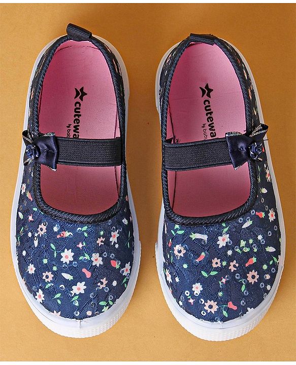 Cute Walk by Babyhug Slip On Casual Shoes With Bow Applique & Floral Print- Navy Blue (Sole Line May Very)