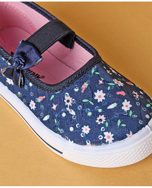 Cute Walk by Babyhug Slip On Casual Shoes With Bow Applique & Floral Print- Navy Blue (Sole Line May Very)
