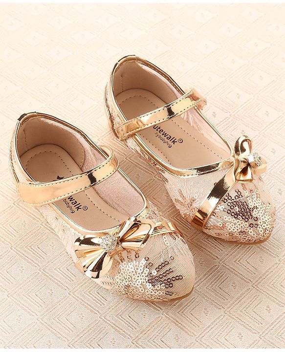 Cute Walk by Babyhug Ballerina Shoes with Bow Applique & Velcro Closure- Champagne