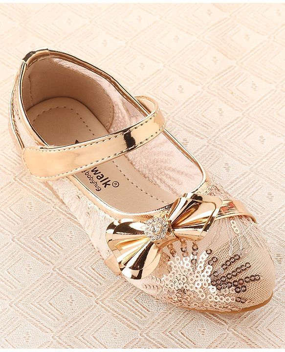 Cute Walk by Babyhug Ballerina Shoes with Bow Applique & Velcro Closure- Champagne
