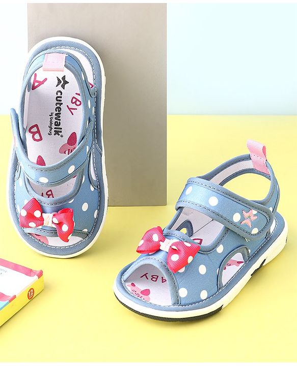 Cute Walk by Babyhug Musical Sandals with Velcro Polka Dot and Bow - Blue