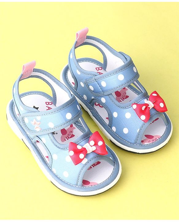 Cute Walk by Babyhug Musical Sandals with Velcro Polka Dot and Bow - Blue
