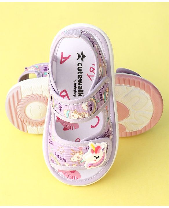 Cute Walk by Babyhug Musical Sandals With Velcro Closure Unicorn Applique - Purple