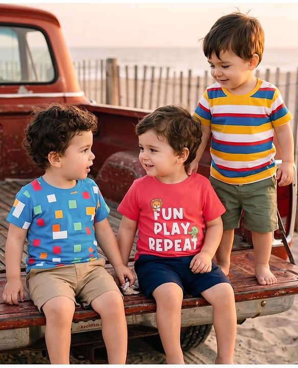 Babyhug Cotton Knit Half Sleeves Striped T-Shirt Text Print Pack of 3 - Red Blue & Yellow