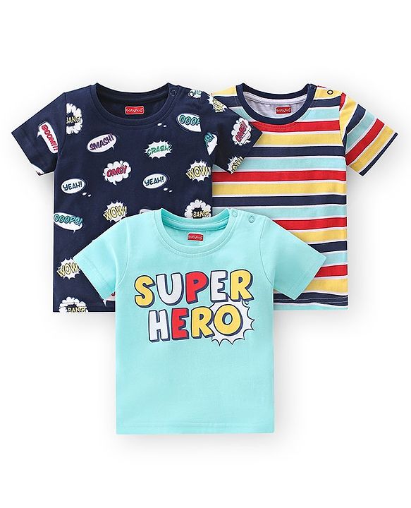 Babyhug Cotton Half Sleeves Striped T-Shirts With Super Hero Graphics Pack of 3 - Multicolor