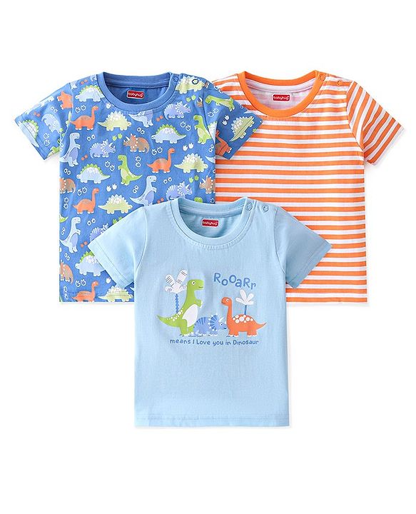 Babyhug 100% Cotton Knit Half Sleeves T-Shirt With Dino Graphics  & Striped Pack Of 3 -Blue & Orange