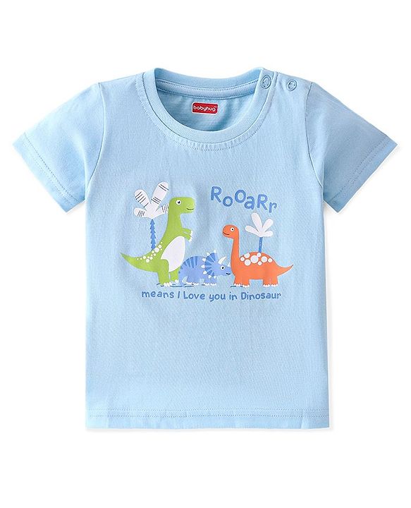 Babyhug 100% Cotton Knit Half Sleeves T-Shirt With Dino Graphics  & Striped Pack Of 3 -Blue & Orange