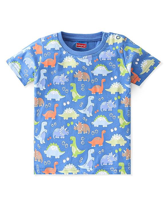 Babyhug 100% Cotton Knit Half Sleeves T-Shirt With Dino Graphics  & Striped Pack Of 3 -Blue & Orange