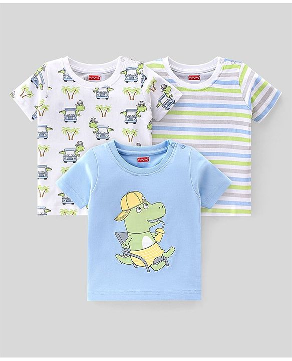 Babyhug Cotton Knit Half Sleeves Dino Printed T-Shirts Pack of 3 - Multicolour