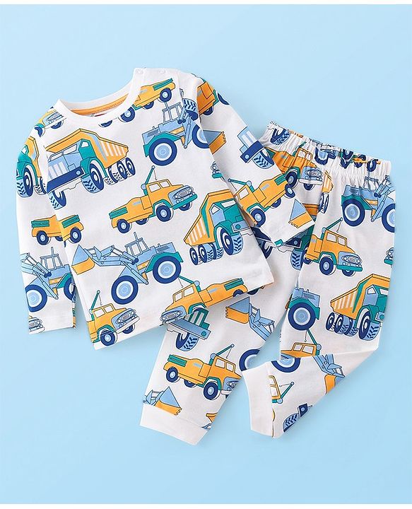 Babyhug Cotton Knit Single Jersey Full Sleeves  Truck Print Night Suit- Blue