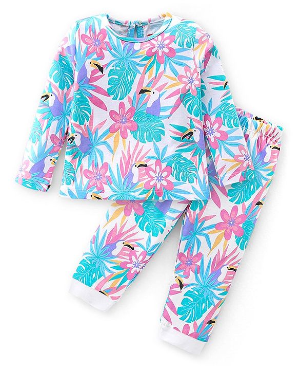 Babyhug Cotton Knit Full Sleeves Night Suit With Tropical Print - Pink & Blue