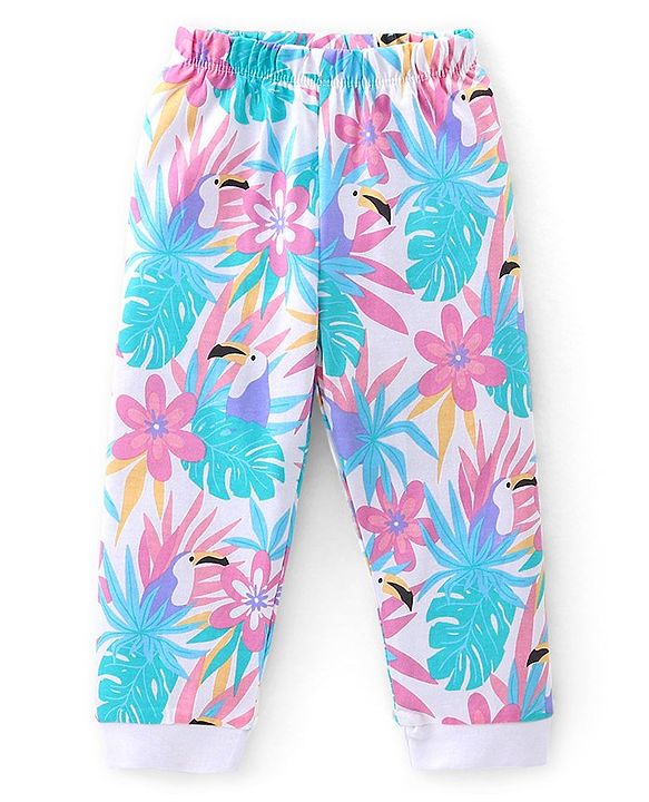 Babyhug Cotton Knit Full Sleeves Night Suit With Tropical Print - Pink & Blue