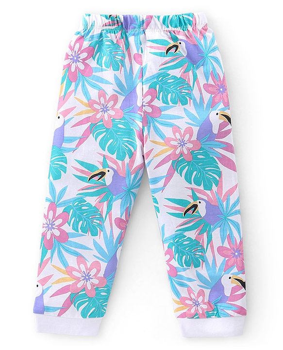Babyhug Cotton Knit Full Sleeves Night Suit With Tropical Print - Pink & Blue