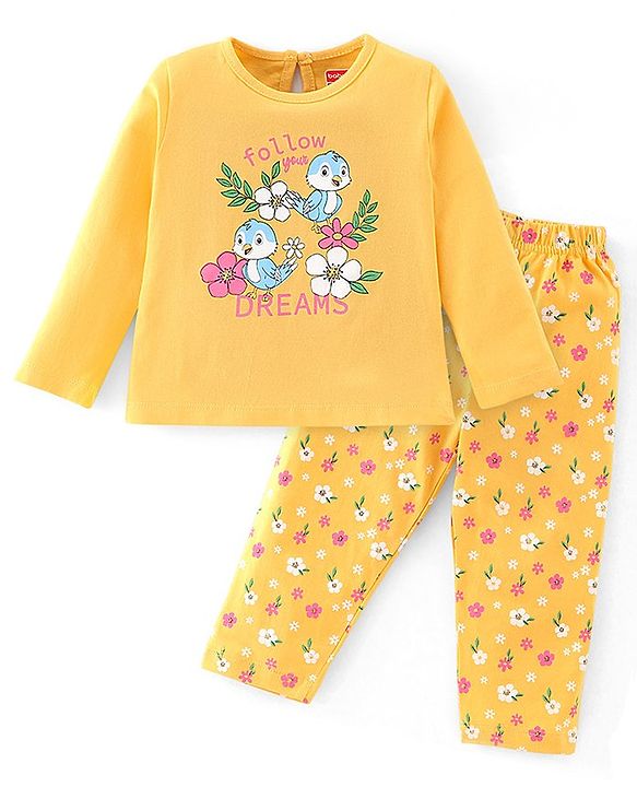 Babyhug Cotton Knit Full Sleeves Night Suit With Bird Print - Yellow