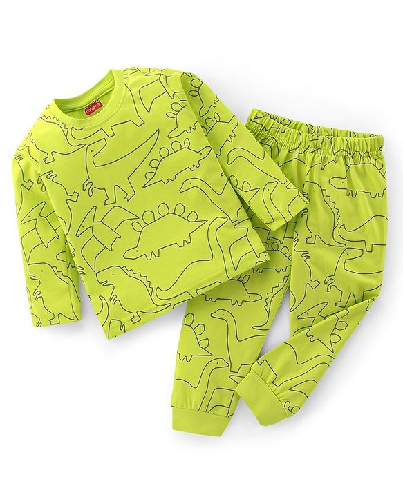 Babyhug Cotton Knit Full Sleeves Night Suit with Dino Print - Green