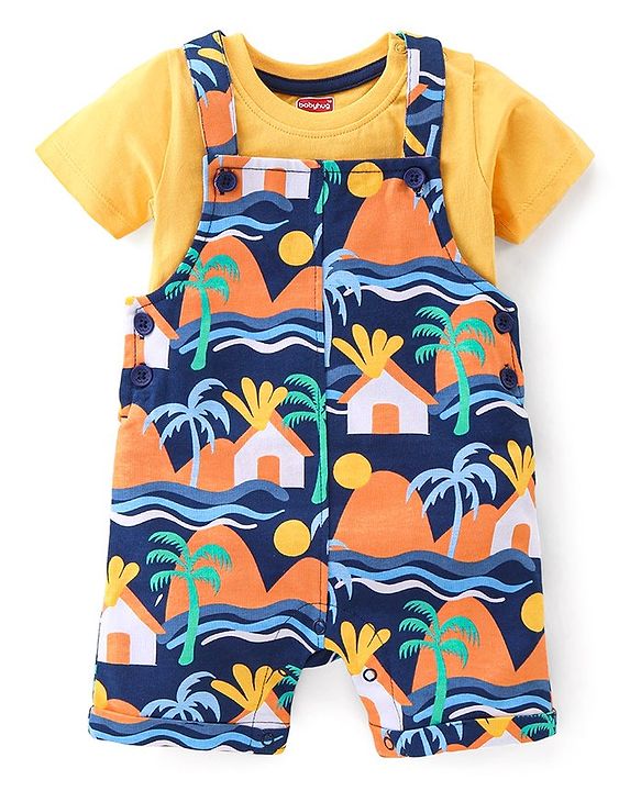 Babyhug 100% Cotton Knit Dungaree and Half Sleeves T-Shirt Set Text & Beach Theme - Blue & Yellow