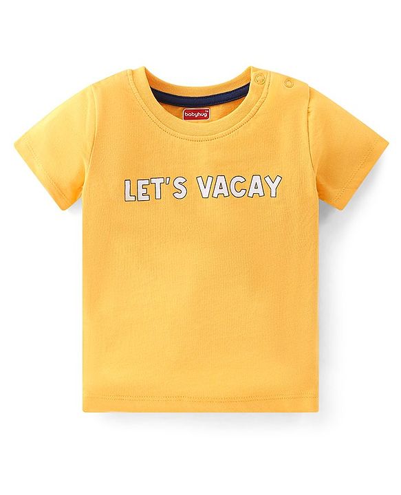 Babyhug 100% Cotton Knit Dungaree and Half Sleeves T-Shirt Set Text & Beach Theme - Blue & Yellow