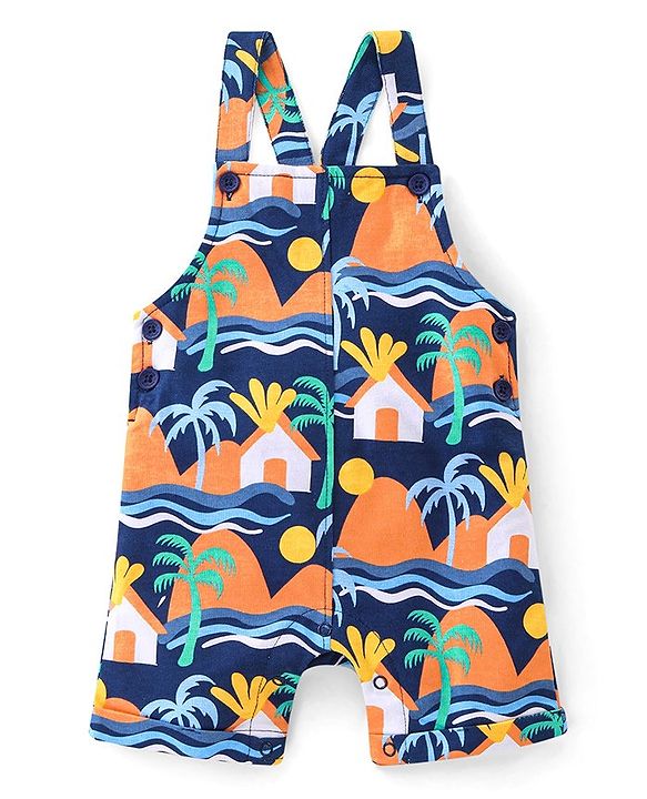 Babyhug 100% Cotton Knit Dungaree and Half Sleeves T-Shirt Set Text & Beach Theme - Blue & Yellow