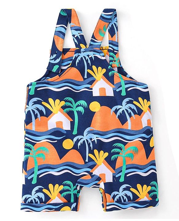 Babyhug 100% Cotton Knit Dungaree and Half Sleeves T-Shirt Set Text & Beach Theme - Blue & Yellow
