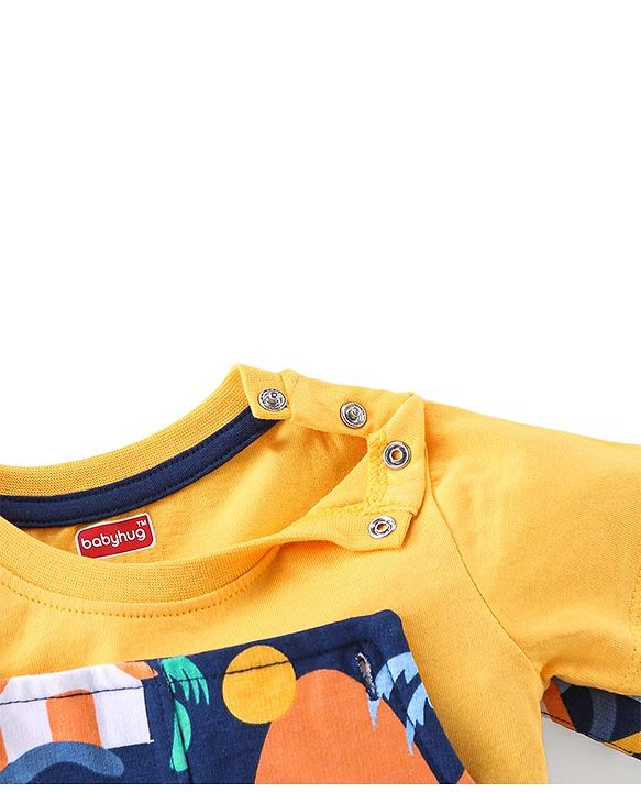 Babyhug 100% Cotton Knit Dungaree and Half Sleeves T-Shirt Set Text & Beach Theme - Blue & Yellow