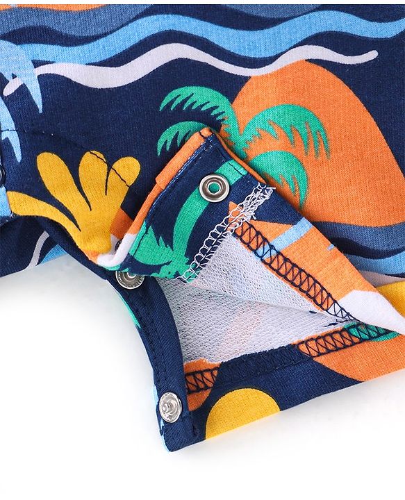 Babyhug 100% Cotton Knit Dungaree and Half Sleeves T-Shirt Set Text & Beach Theme - Blue & Yellow