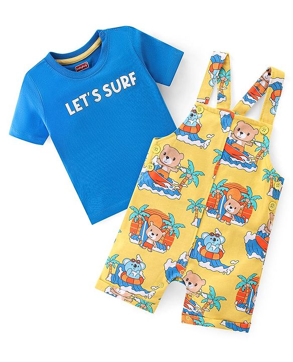 Babyhug 100% Cotton Knit Dungaree and Half Sleeves T-Shirt Set Text & Teddy Print - Blue & Yellow