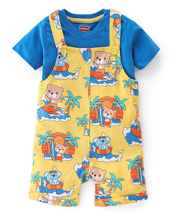 Babyhug 100% Cotton Knit Dungaree and Half Sleeves T-Shirt Set Text & Teddy Print - Blue & Yellow