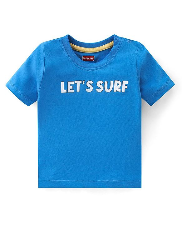 Babyhug 100% Cotton Knit Dungaree and Half Sleeves T-Shirt Set Text & Teddy Print - Blue & Yellow