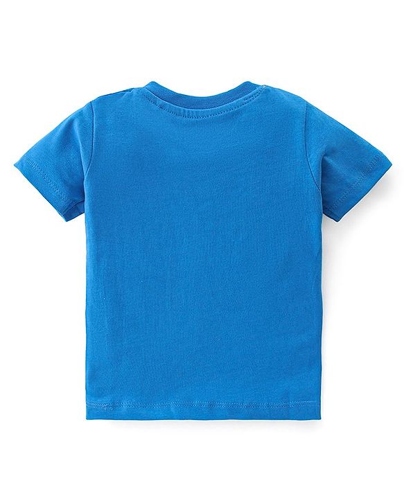 Babyhug 100% Cotton Knit Dungaree and Half Sleeves T-Shirt Set Text & Teddy Print - Blue & Yellow