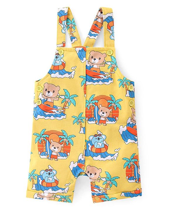 Babyhug 100% Cotton Knit Dungaree and Half Sleeves T-Shirt Set Text & Teddy Print - Blue & Yellow