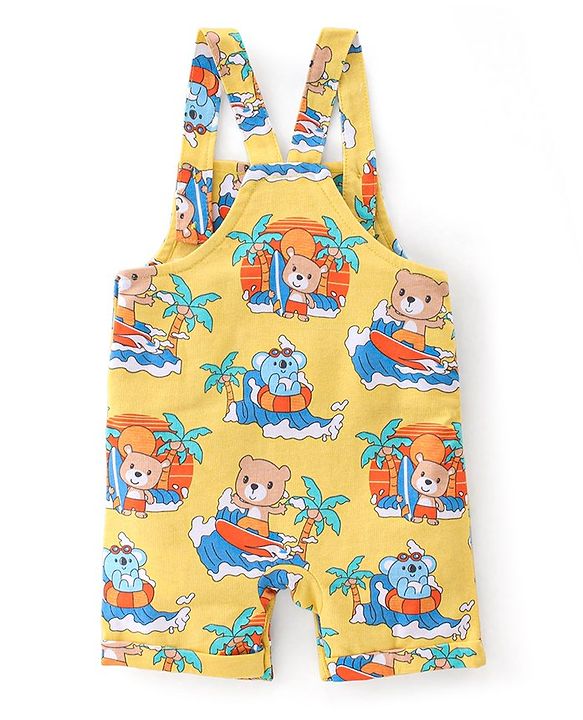 Babyhug 100% Cotton Knit Dungaree and Half Sleeves T-Shirt Set Text & Teddy Print - Blue & Yellow