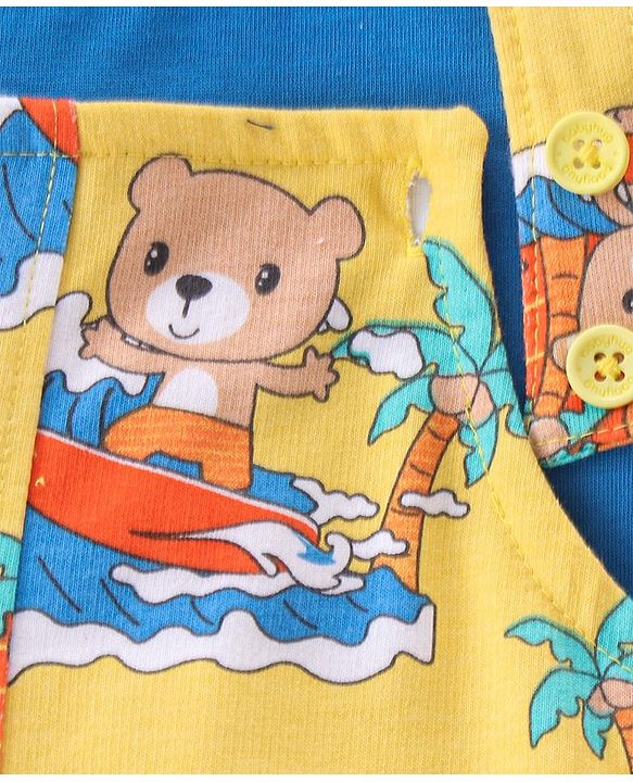 Babyhug 100% Cotton Knit Dungaree and Half Sleeves T-Shirt Set Text & Teddy Print - Blue & Yellow