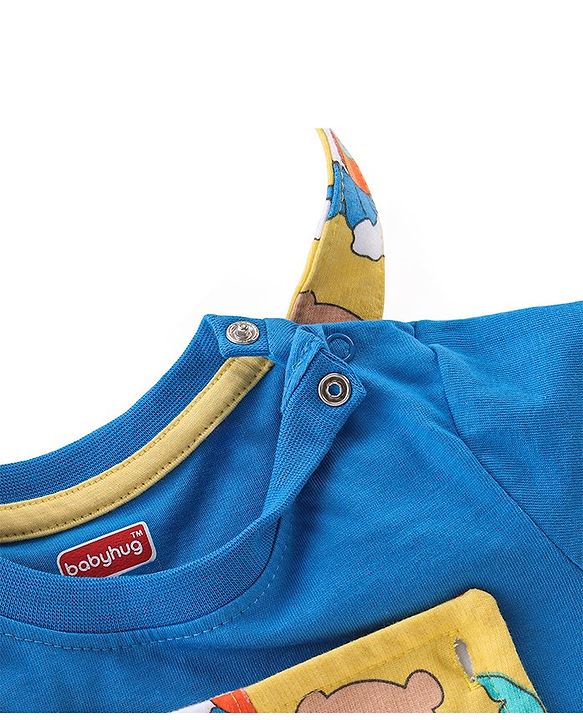 Babyhug 100% Cotton Knit Dungaree and Half Sleeves T-Shirt Set Text & Teddy Print - Blue & Yellow